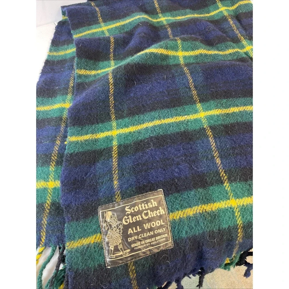 VTG SCOTTISH GLEN‎ CHECK ALL WOOL FRINGE TARTAN PLAID THROW Wrap 36